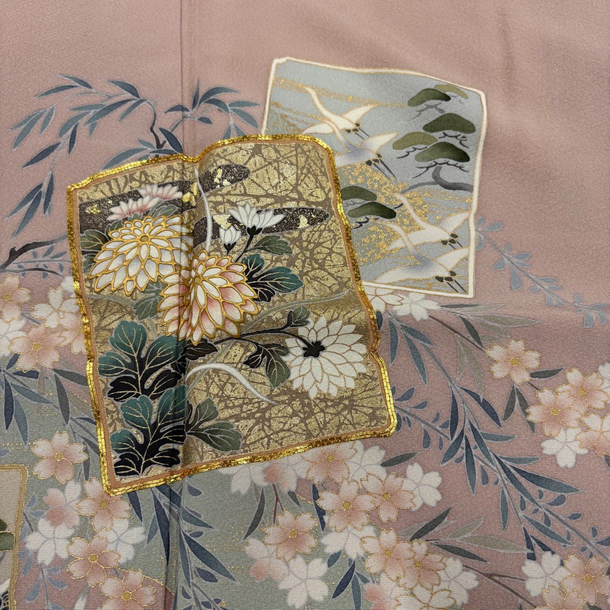 色留袖禮服 身長157cm 袖長65.5cm M 雙層 落款あり 色紙 草花紋紋 金絲 金銀彩 粉紅 純蠶絲 秀品級 一つ紋