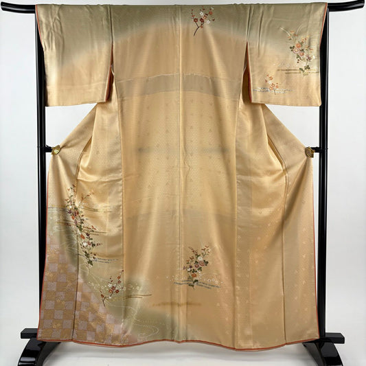 訪問服 身長162.5cm 袖長67cm M 雙層 大和 草花紋紋 淡霞 金絲 金銀彩 淺橙色 純蠶絲 優品級