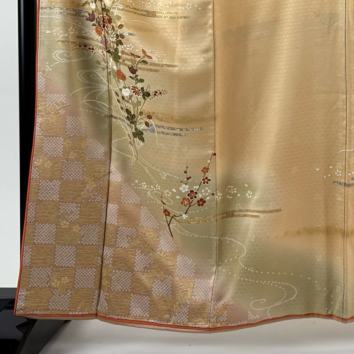 訪問服 身長162.5cm 袖長67cm M 雙層 大和 草花紋紋 淡霞 金絲 金銀彩 淺橙色 純蠶絲 優品級