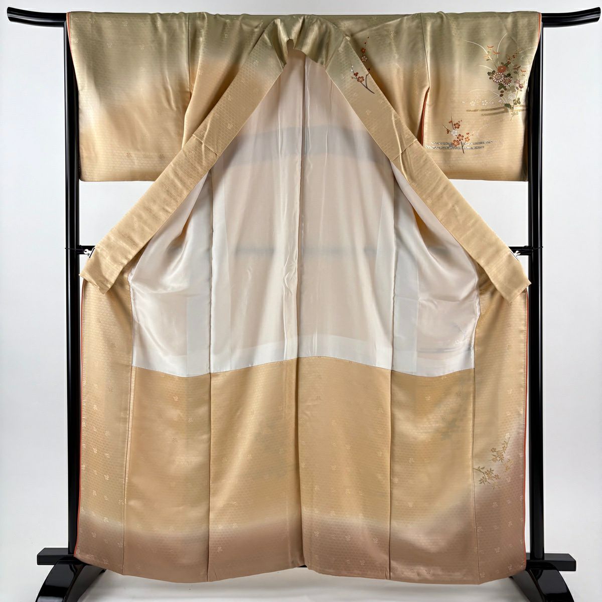 訪問服 身長162.5cm 袖長67cm M 雙層 大和 草花紋紋 淡霞 金絲 金銀彩 淺橙色 純蠶絲 優品級