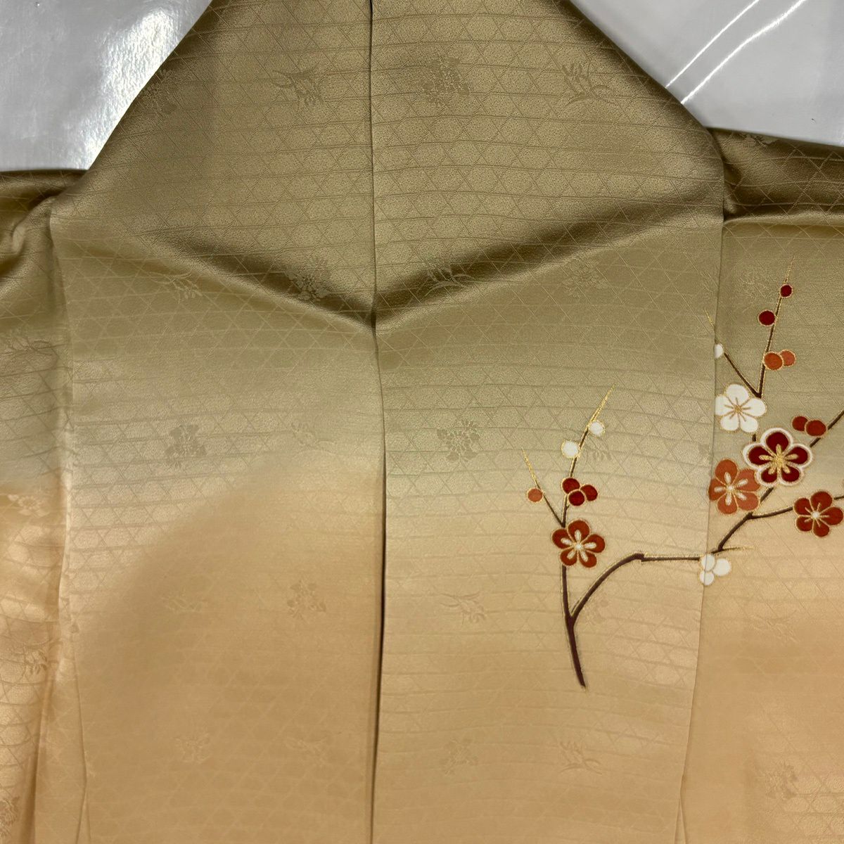 訪問服 身長162.5cm 袖長67cm M 雙層 大和 草花紋紋 淡霞 金絲 金銀彩 淺橙色 純蠶絲 優品級