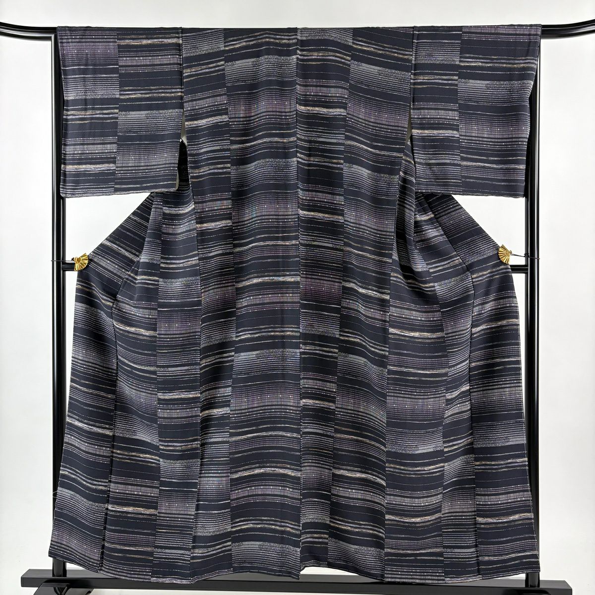 【美品】 小紋 身長156.5cm 袖長66cm M 雙層 縞 幾何圖案 墨色 純蠶絲 秀品級