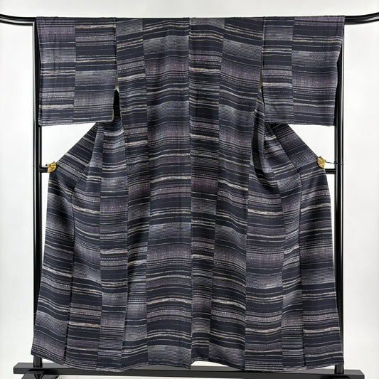 【美品】 小紋 身長156.5cm 袖長66cm M 雙層 縞 幾何圖案 墨色 純蠶絲 秀品級
