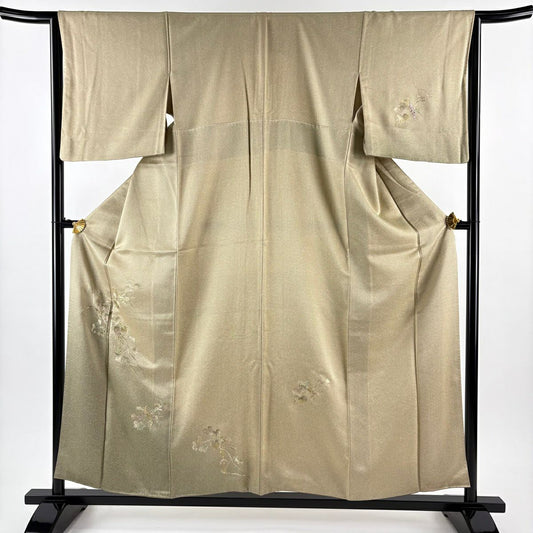 【美品】 付下 身長156.5cm 袖長63.5cm S 雙層 葡萄 地紋 刺繡 淺茶 純蠶絲 秀品級