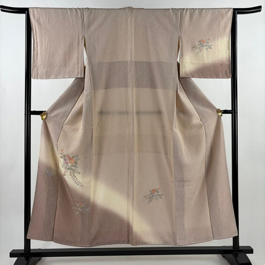 付下 身長153cm 袖長65cm M 雙層 草花紋紋 墨流し刺繡 薄小豆 純蠶絲 秀品級