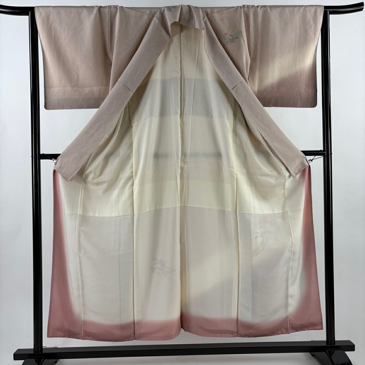 付下 身長153cm 袖長65cm M 雙層 草花紋紋 墨流し刺繡 薄小豆 純蠶絲 秀品級
