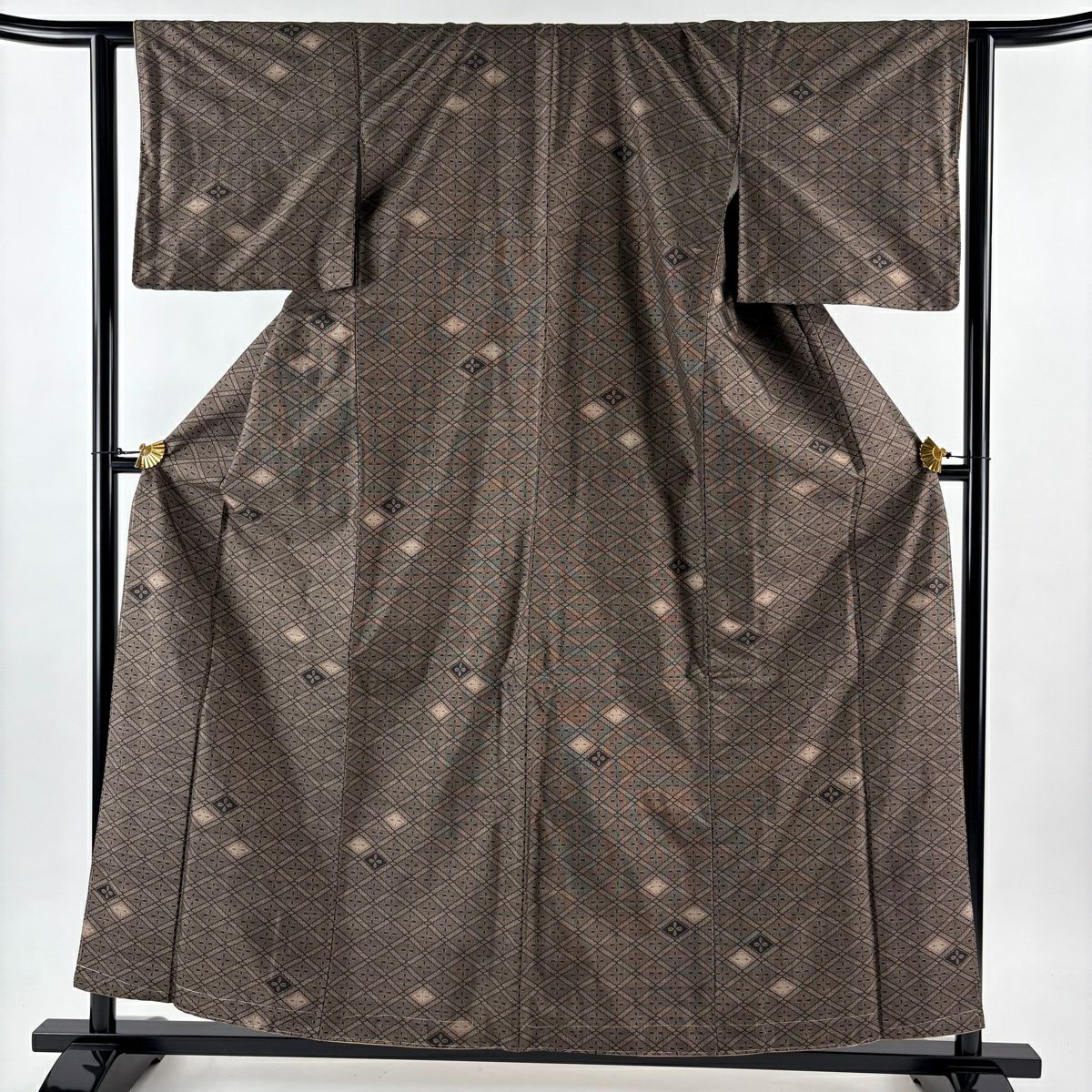 紬織 身長157cm 袖長63cm S 雙層 菱花 焦茶 純蠶絲 秀品級