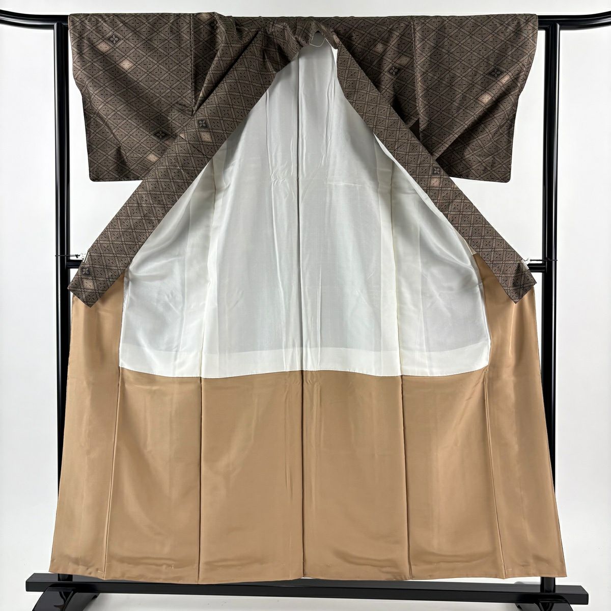 紬織 身長157cm 袖長63cm S 雙層 菱花 焦茶 純蠶絲 秀品級