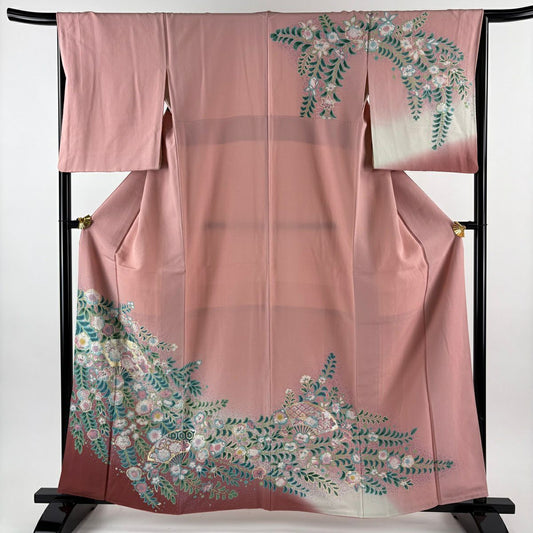【美品】訪問服 身長160cm 袖長66.5cm M 雙層 扇子面 辻花染 金銀彩 漸層 粉色 純蠶絲 優品級