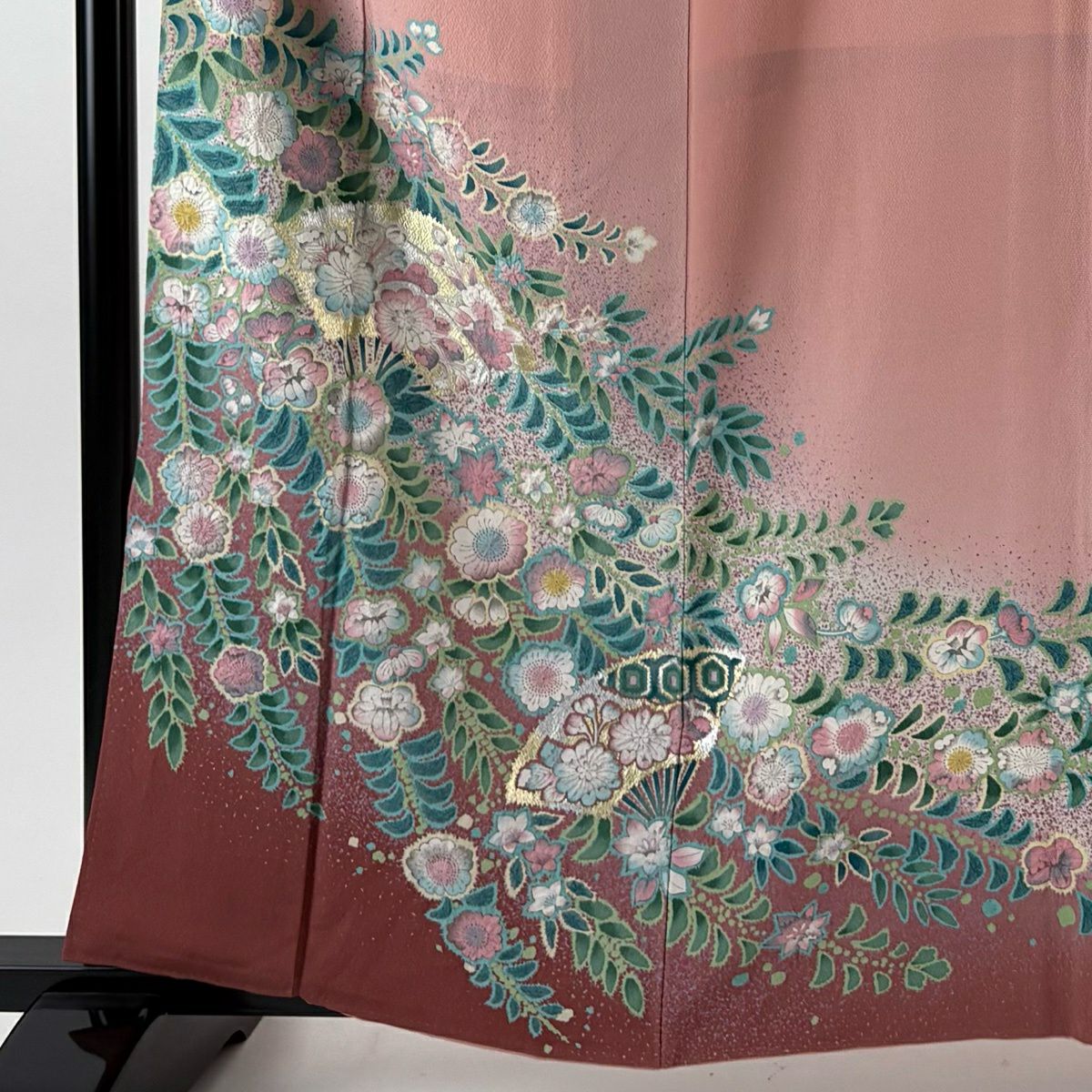 【美品】訪問服 身長160cm 袖長66.5cm M 雙層 扇子面 辻花染 金銀彩 漸層 粉色 純蠶絲 優品級