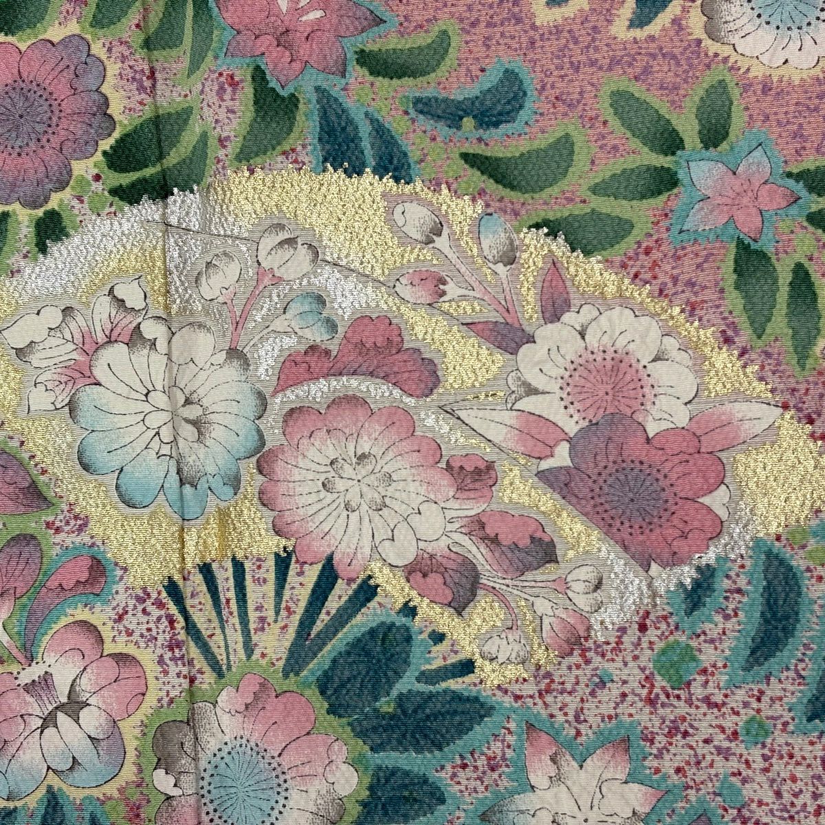 【美品】訪問服 身長160cm 袖長66.5cm M 雙層 扇子面 辻花染 金銀彩 漸層 粉色 純蠶絲 優品級
