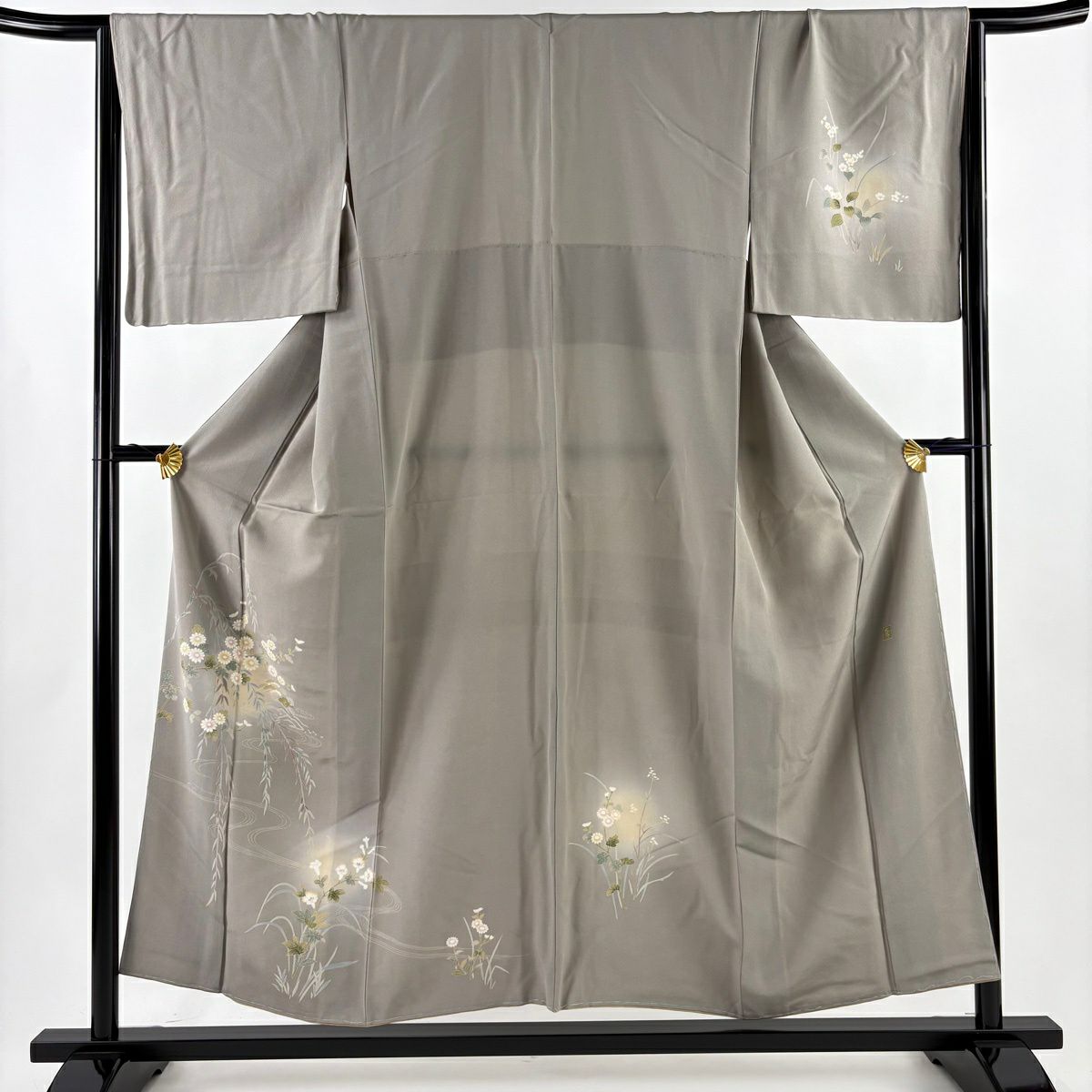 付下 身長154cm 袖長66cm M 雙層 落款有 菊花 流水 漸層 灰色 純蠶絲 優品級