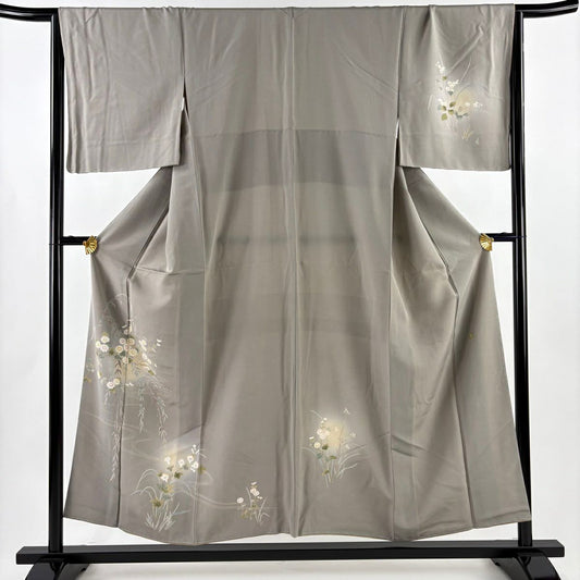 付下 身長154cm 袖長66cm M 雙層 落款有 菊花 流水 漸層 灰色 純蠶絲 優品級