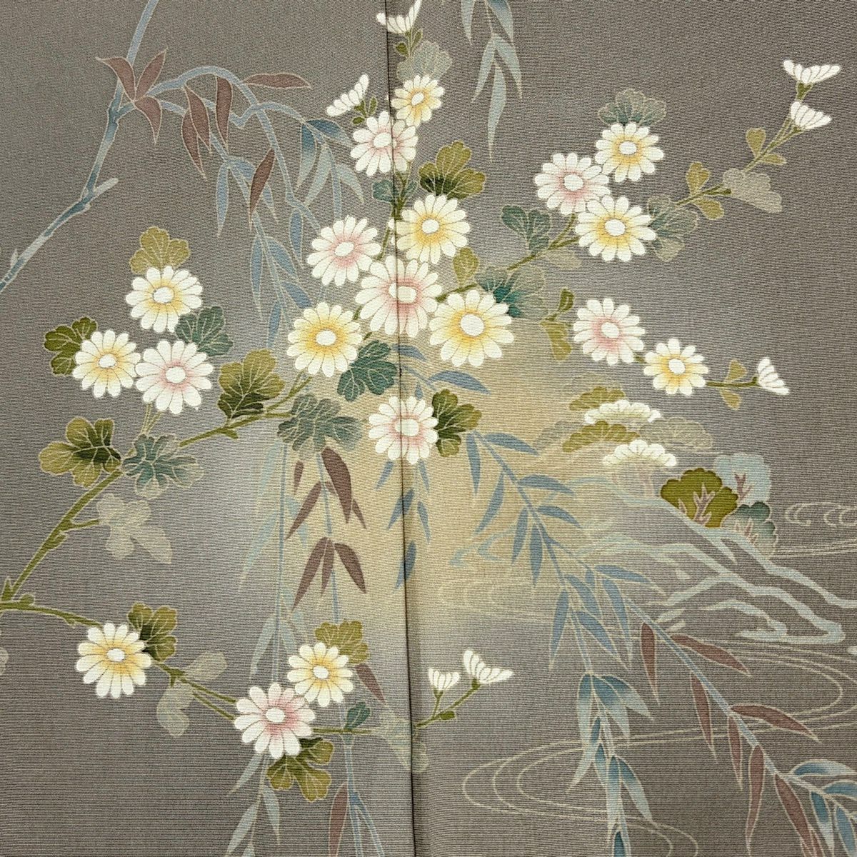 付下 身長154cm 袖長66cm M 雙層 落款有 菊花 流水 漸層 灰色 純蠶絲 優品級