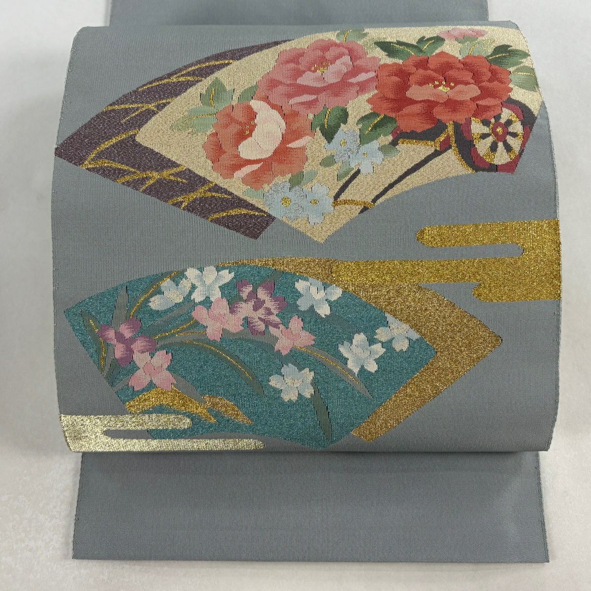 名古屋帶 秀品級 八寸名古屋帶 松樹葉仕立 花車 扇子面 金銀彩 青灰色 純蠶絲