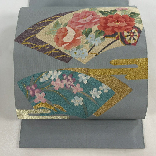 名古屋帶 秀品級 八寸名古屋帶 松樹葉仕立 花車 扇子面 金銀彩 青灰色 純蠶絲