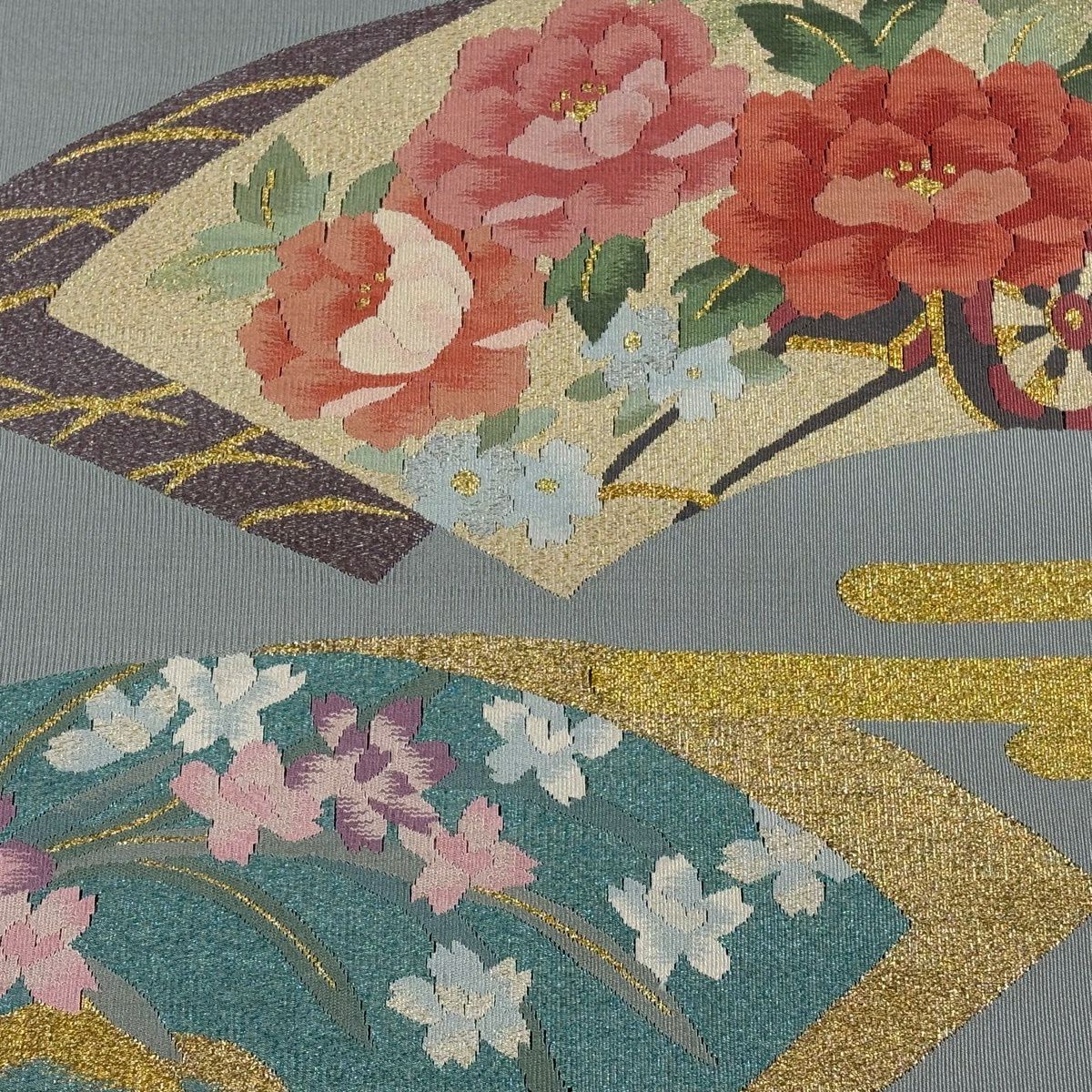 名古屋帶 秀品級 八寸名古屋帶 松樹葉仕立 花車 扇子面 金銀彩 青灰色 純蠶絲