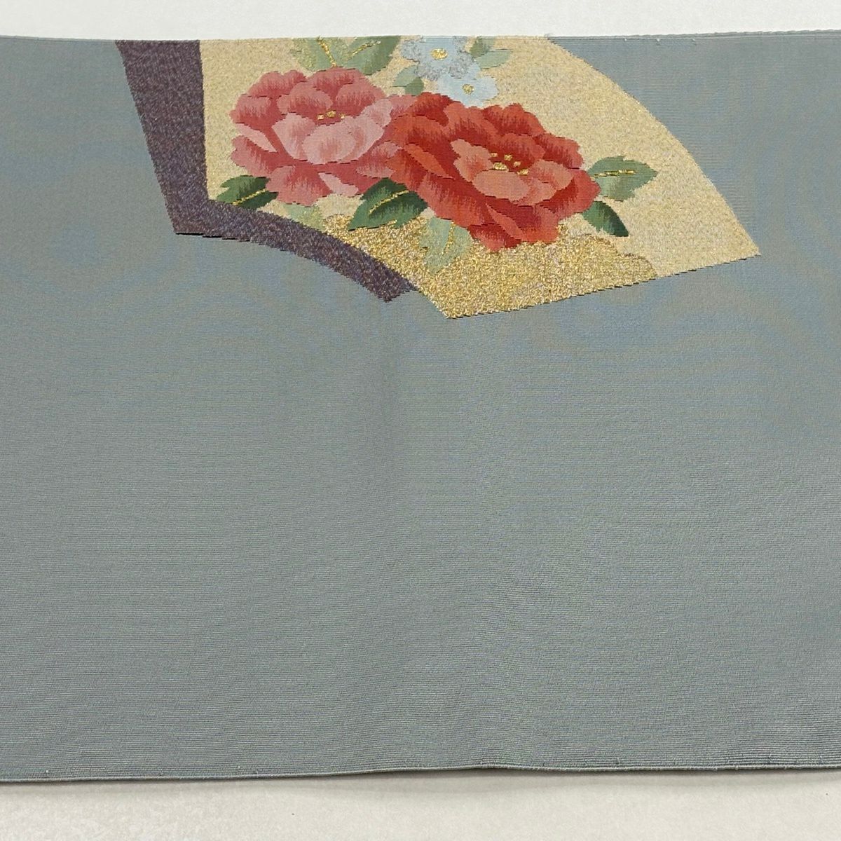 名古屋帶 秀品級 八寸名古屋帶 松樹葉仕立 花車 扇子面 金銀彩 青灰色 純蠶絲