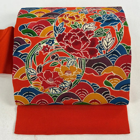 名古屋帶 秀品級 花丸紋 波 縮緬 朱 純蠶絲