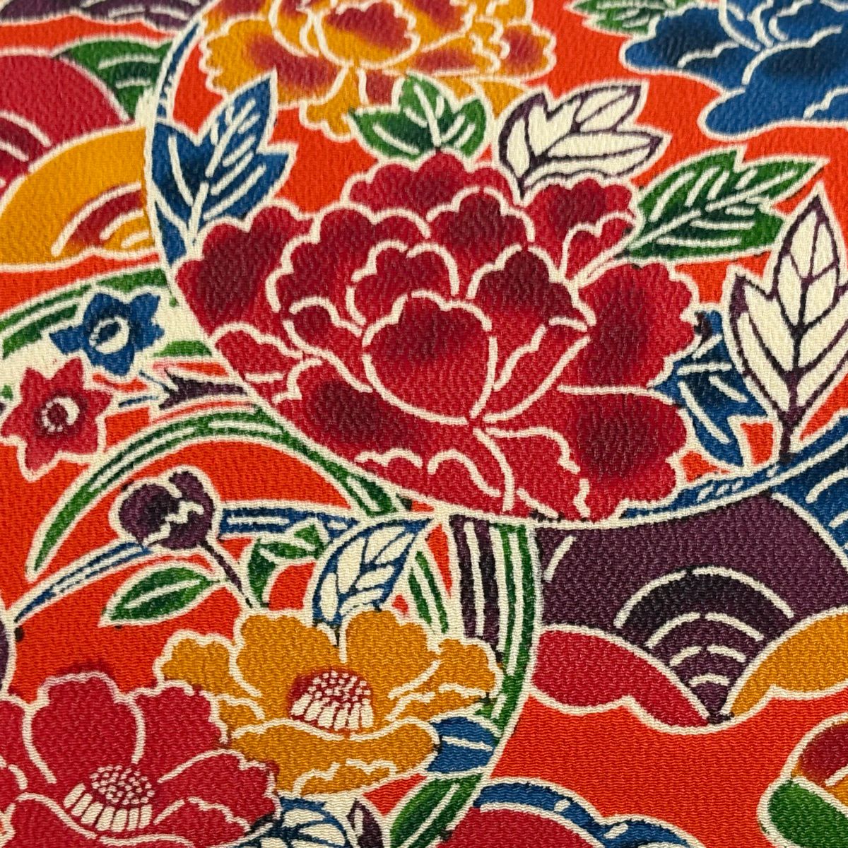 名古屋帶 秀品級 花丸紋 波 縮緬 朱 純蠶絲