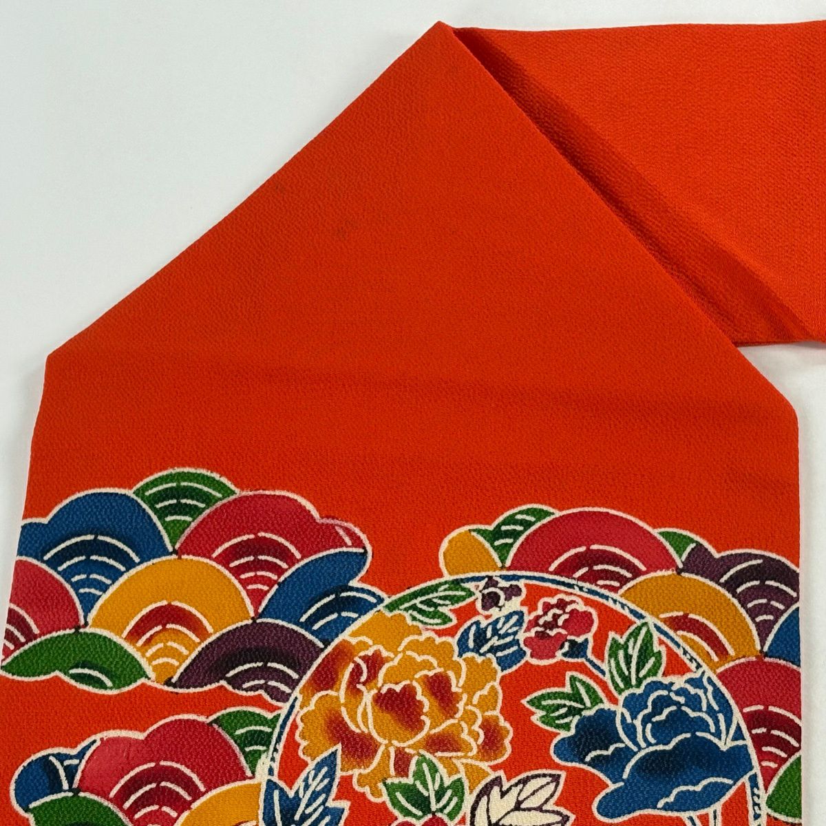 名古屋帶 秀品級 花丸紋 波 縮緬 朱 純蠶絲