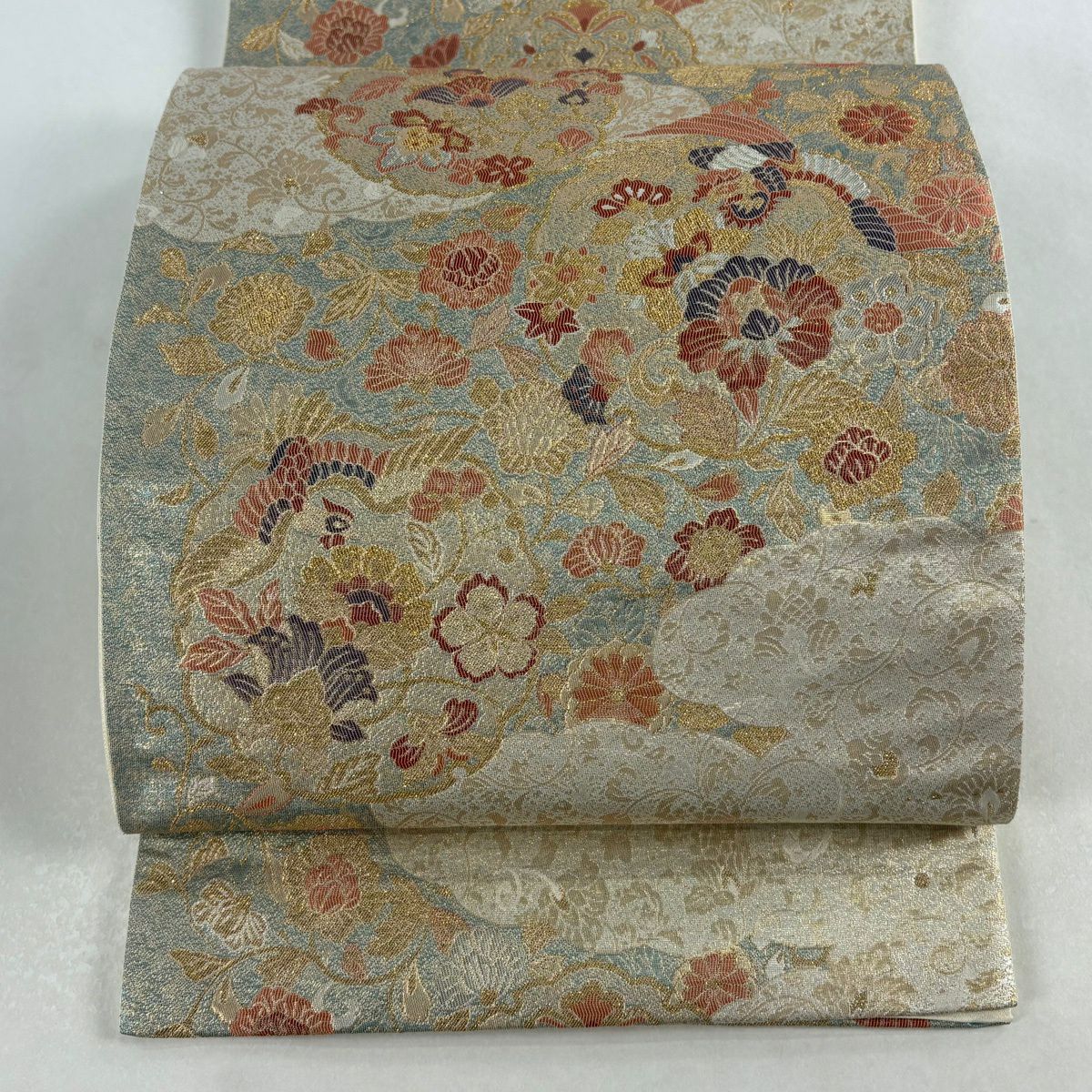 【美品】 袋帶 秀品級 鳥 草花紋 金絲 金金箔 金色 六通 純蠶絲