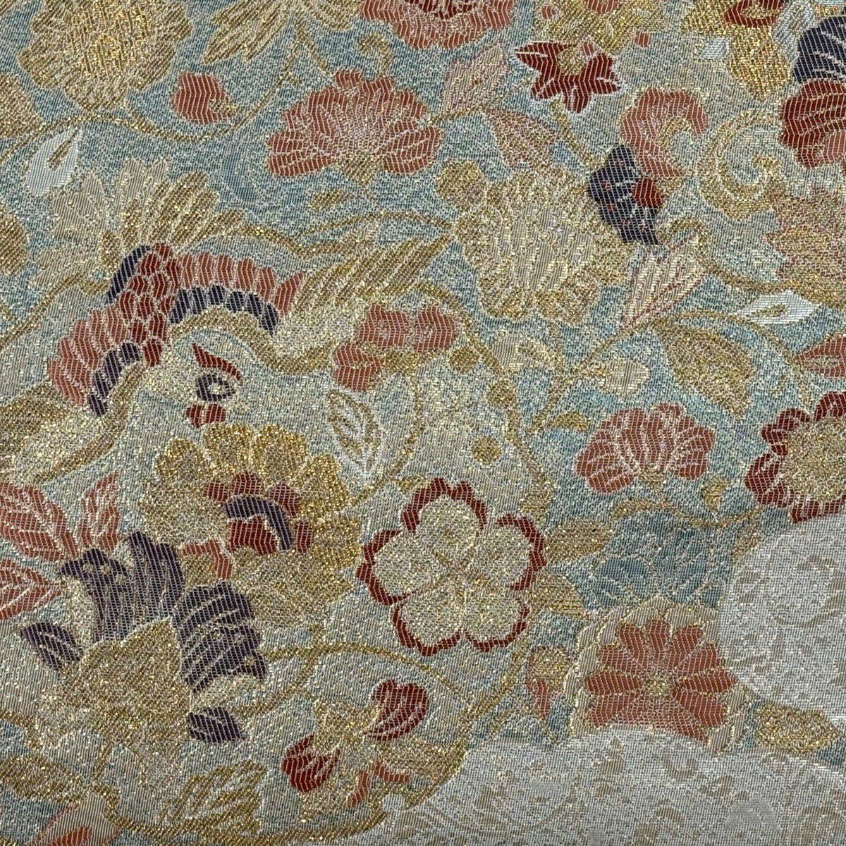 【美品】 袋帶 秀品級 鳥 草花紋 金絲 金金箔 金色 六通 純蠶絲