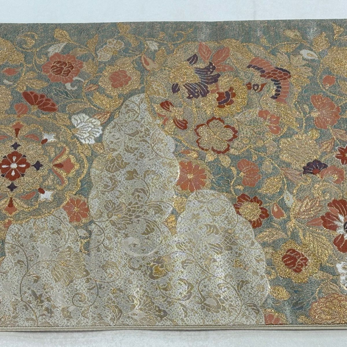 【美品】 袋帶 秀品級 鳥 草花紋 金絲 金金箔 金色 六通 純蠶絲