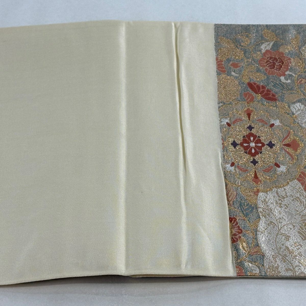 【美品】 袋帶 秀品級 鳥 草花紋 金絲 金金箔 金色 六通 純蠶絲