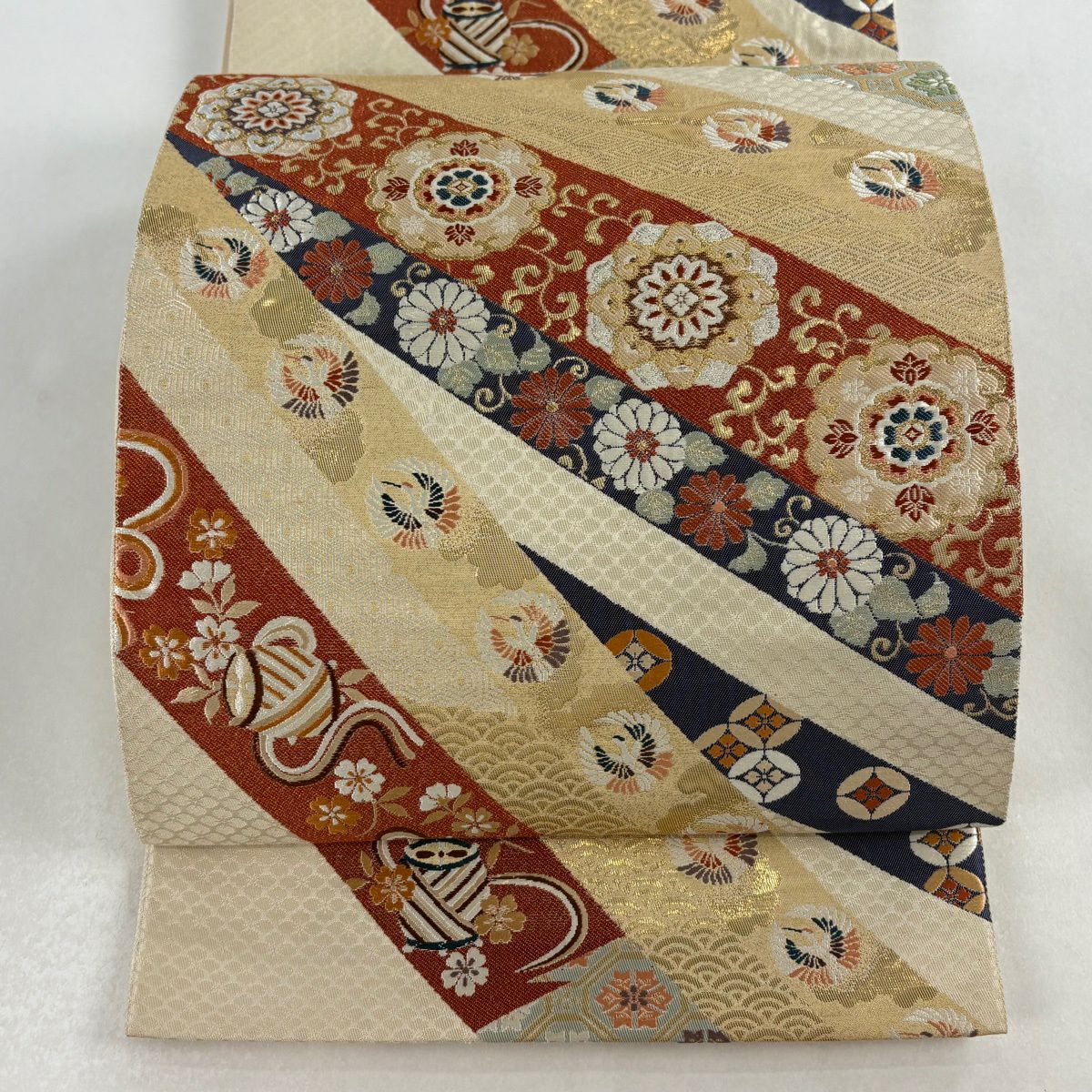 袋帶 秀品級 華紋 仙鶴 刺繡 金金箔 米色 六通 純蠶絲