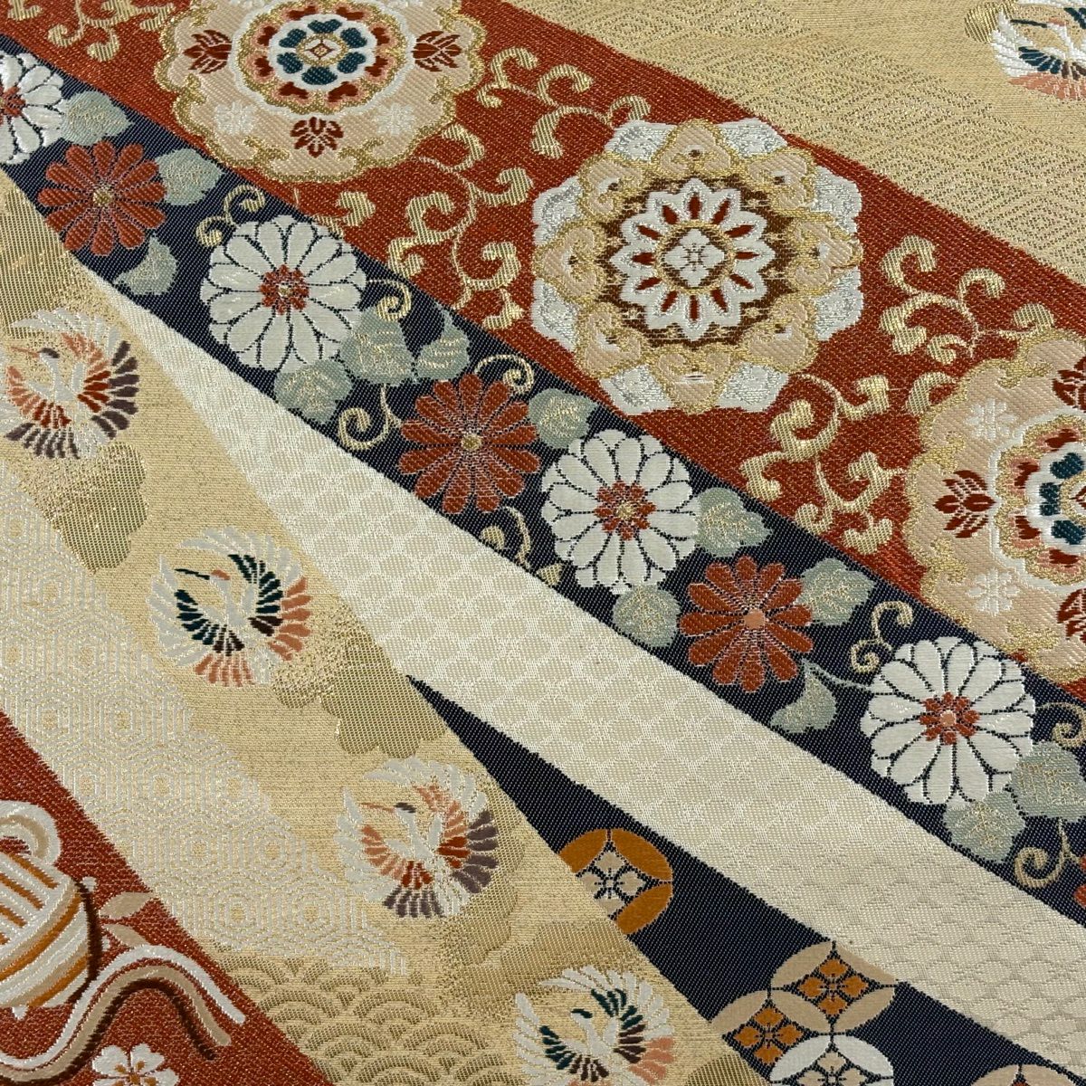 袋帶 秀品級 華紋 仙鶴 刺繡 金金箔 米色 六通 純蠶絲