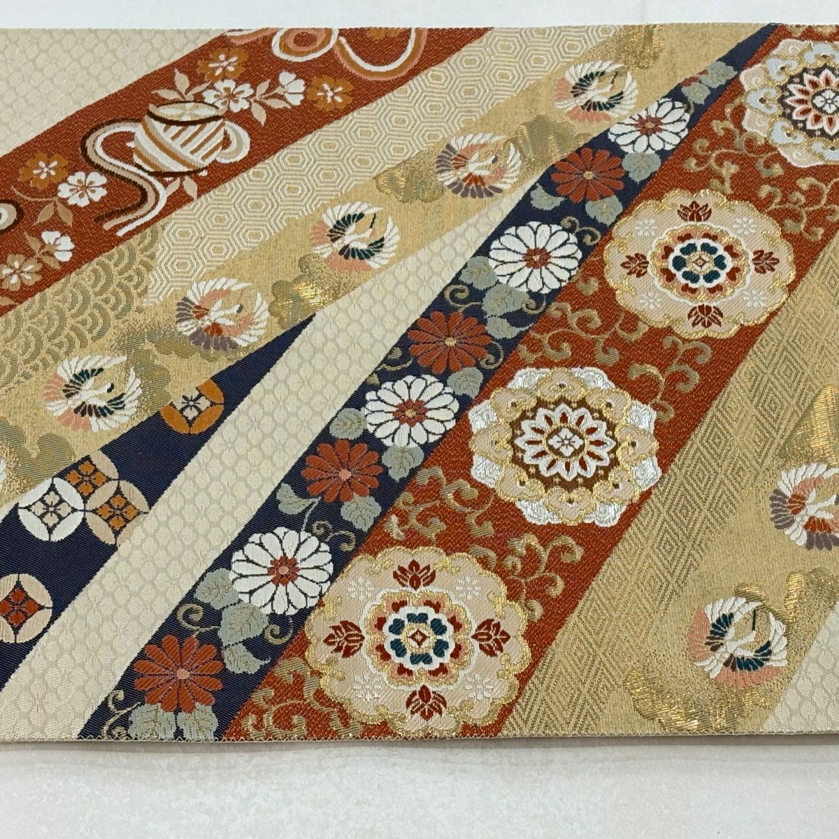 袋帶 秀品級 華紋 仙鶴 刺繡 金金箔 米色 六通 純蠶絲