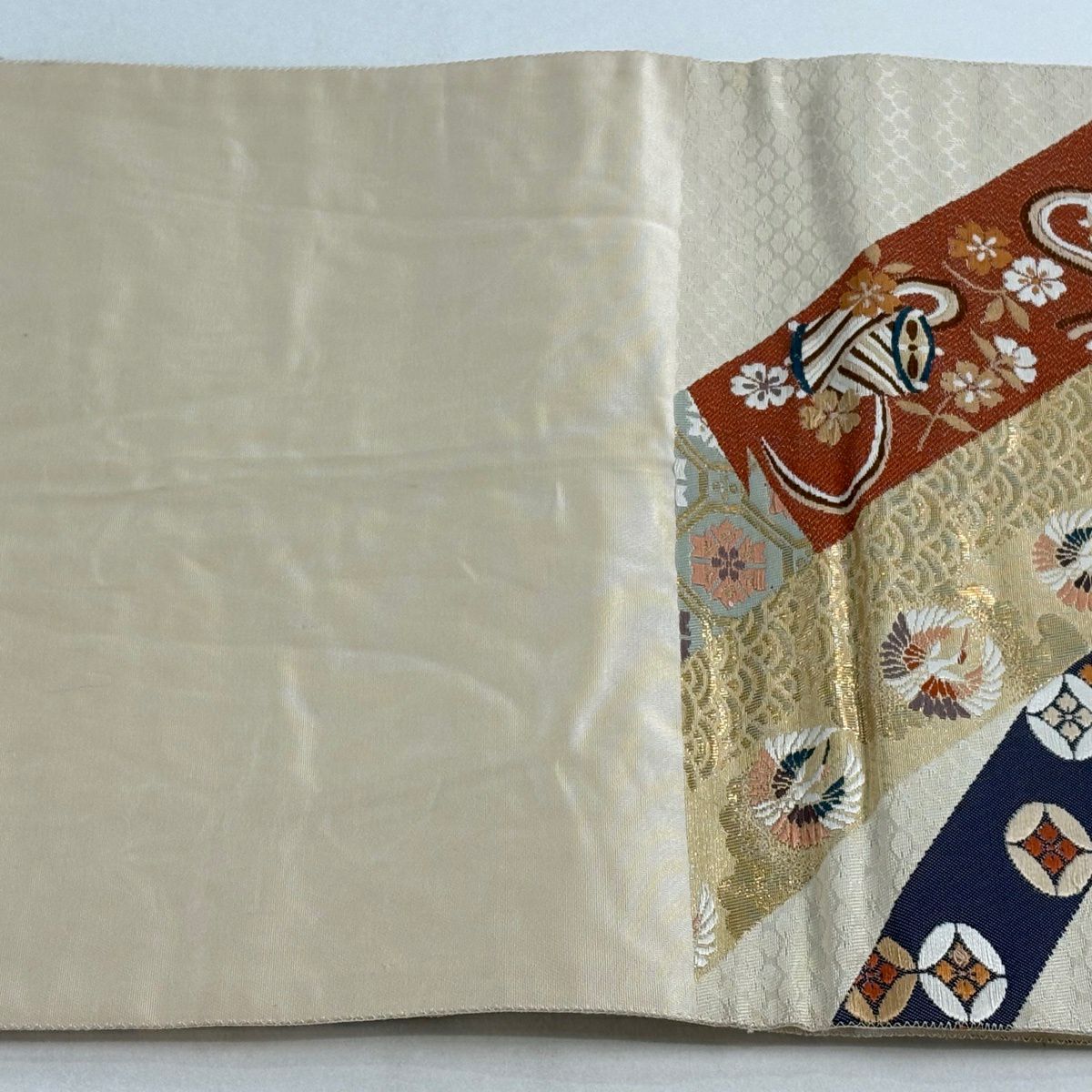 袋帶 秀品級 華紋 仙鶴 刺繡 金金箔 米色 六通 純蠶絲