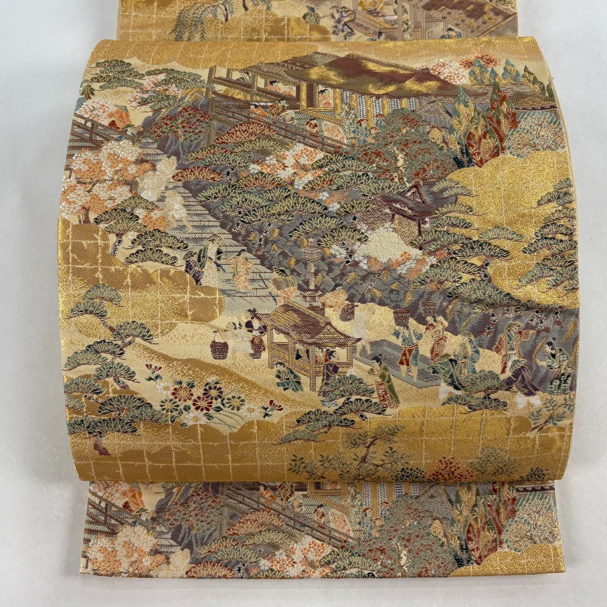 【美品】 袋帶 秀品級 人物 建物 金絲 金金箔 金色 六通 純蠶絲