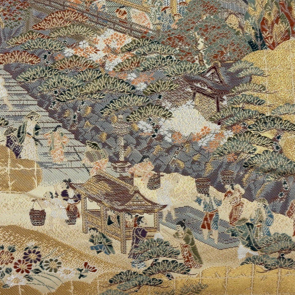 【美品】 袋帶 秀品級 人物 建物 金絲 金金箔 金色 六通 純蠶絲