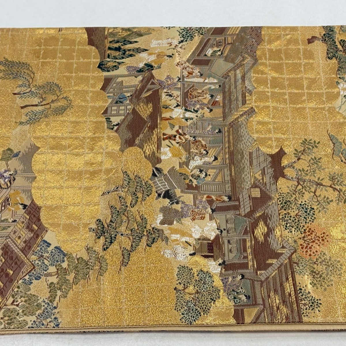 【美品】 袋帶 秀品級 人物 建物 金絲 金金箔 金色 六通 純蠶絲