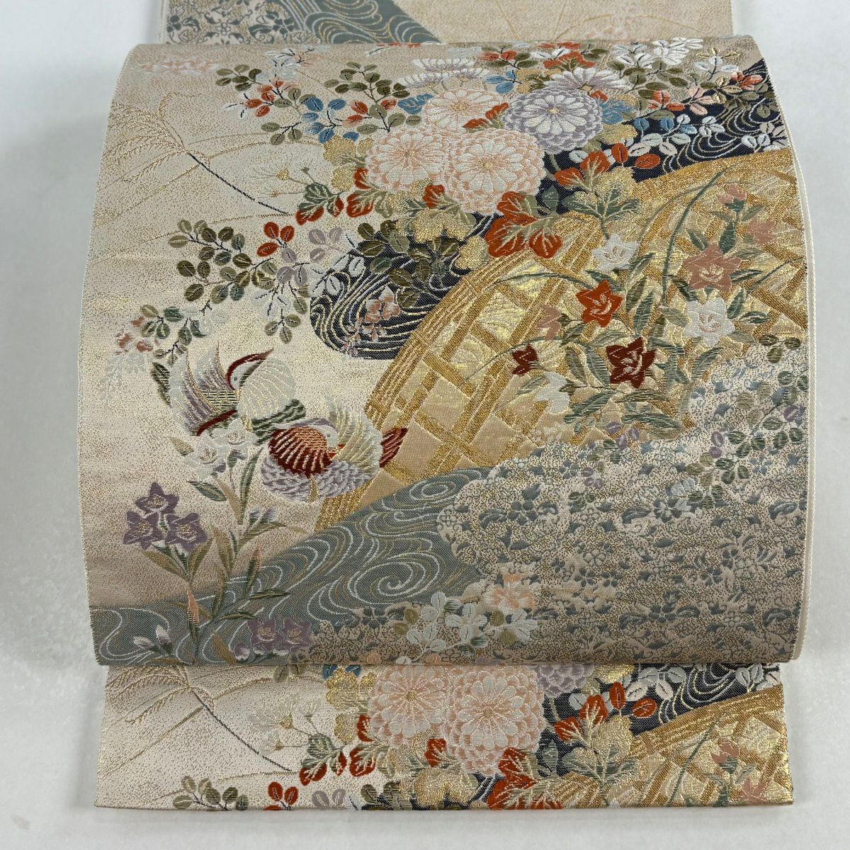 【美品】 袋帶 秀品級 花鳥 間垣 金絲 刺繡 奶油 六通 純蠶絲