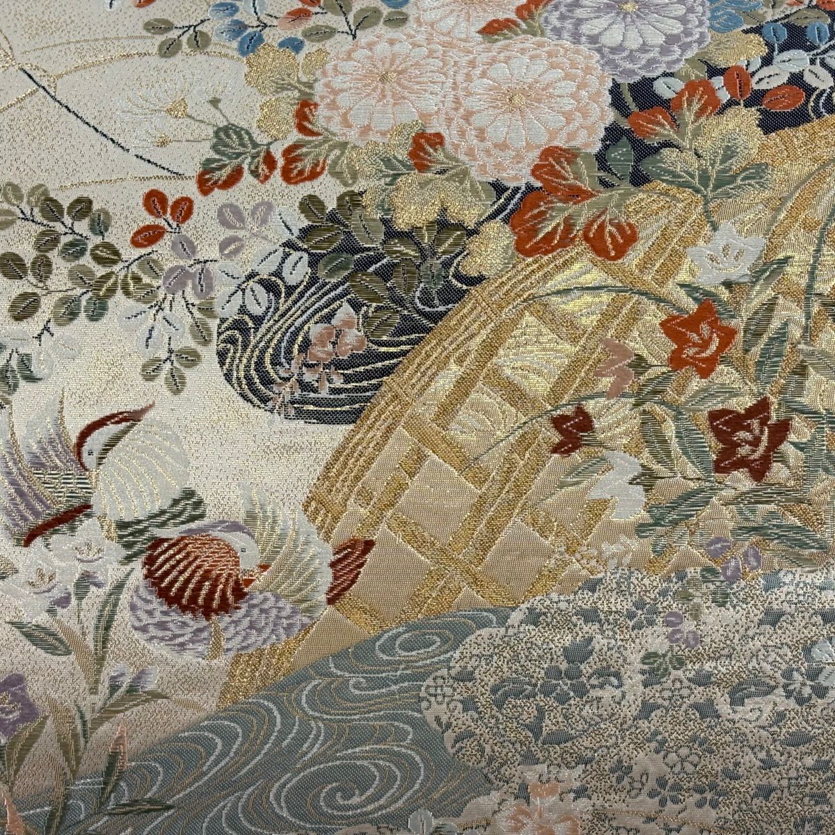 【美品】 袋帶 秀品級 花鳥 間垣 金絲 刺繡 奶油 六通 純蠶絲