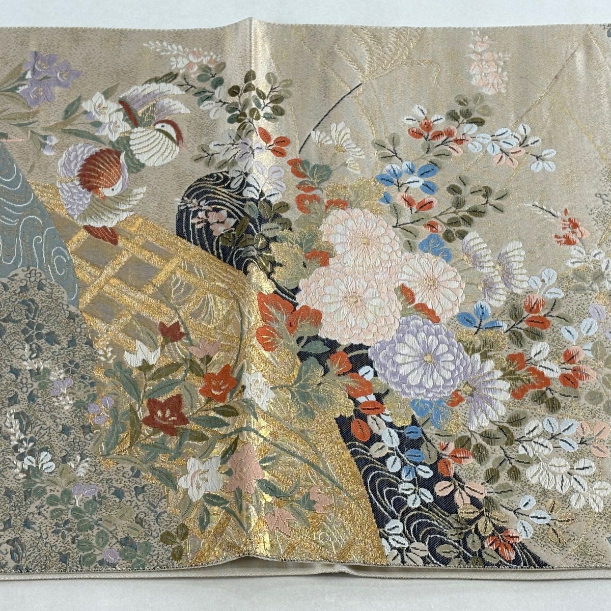 【美品】 袋帶 秀品級 花鳥 間垣 金絲 刺繡 奶油 六通 純蠶絲
