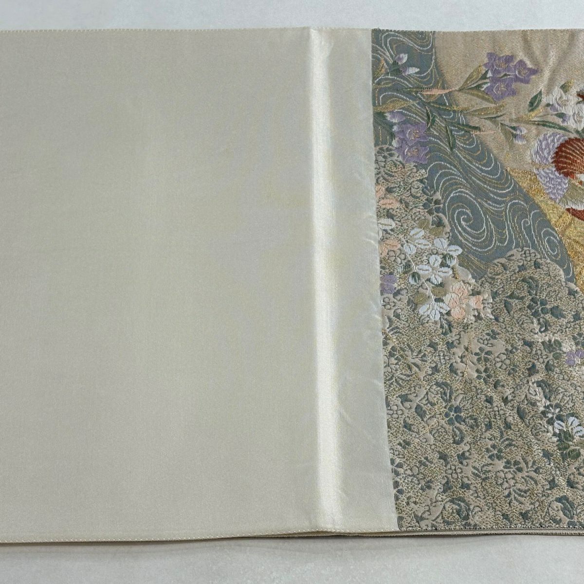 【美品】 袋帶 秀品級 花鳥 間垣 金絲 刺繡 奶油 六通 純蠶絲