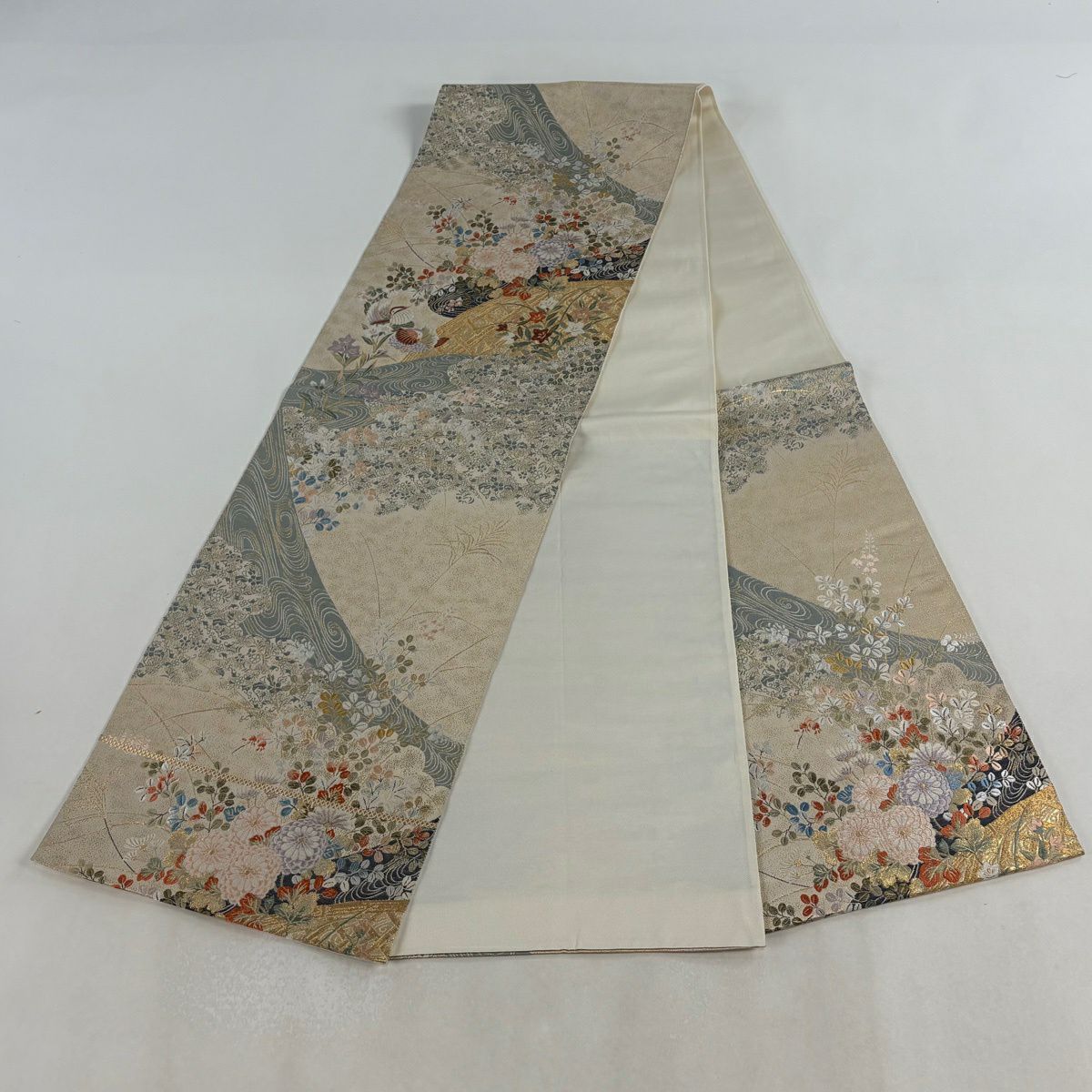 【美品】 袋帶 秀品級 花鳥 間垣 金絲 刺繡 奶油 六通 純蠶絲
