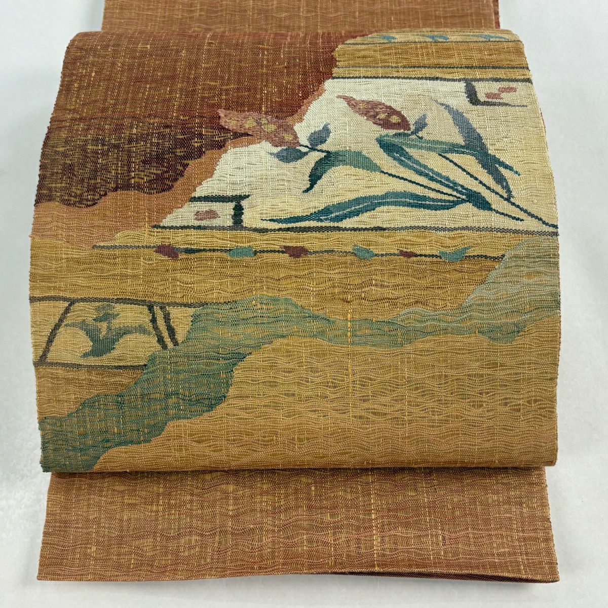 【美品】 袋帶 秀品級 大和 草花紋 鳥 金線 米色 大鼓圖案 純蠶絲
