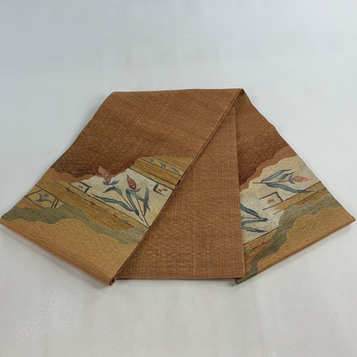【美品】 袋帶 秀品級 大和 草花紋 鳥 金線 米色 大鼓圖案 純蠶絲