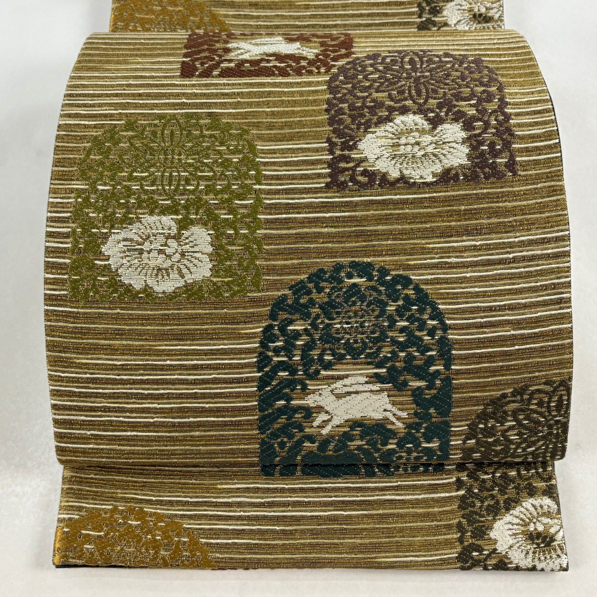 【美品】 袋帶 秀品級 花兔 草花紋刺繡 金線 抹茶 深綠 六通 純蠶絲