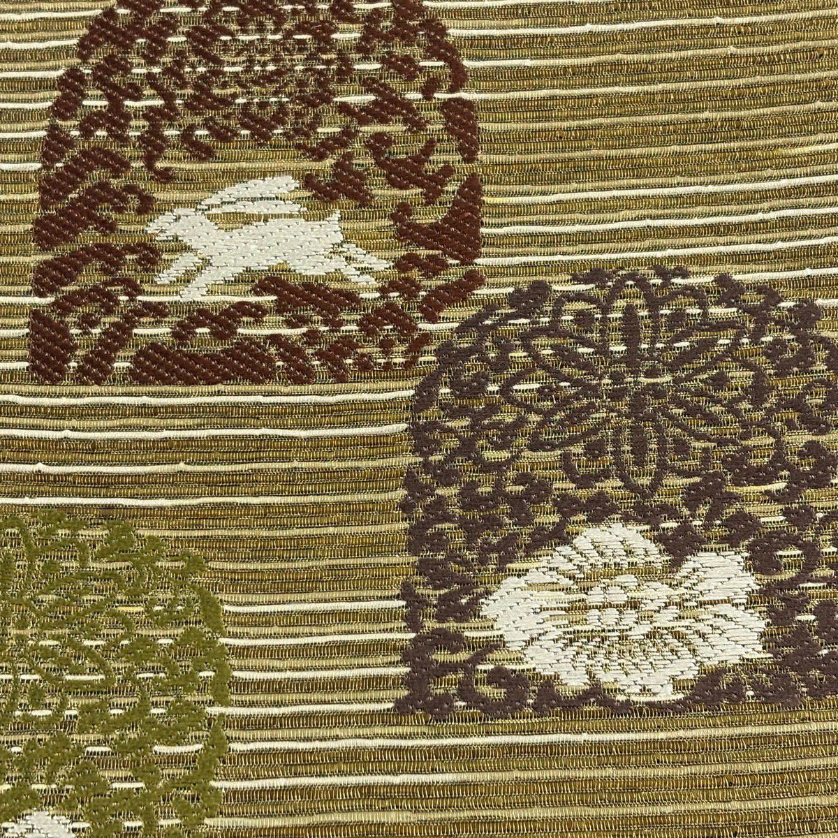 【美品】 袋帶 秀品級 花兔 草花紋刺繡 金線 抹茶 深綠 六通 純蠶絲