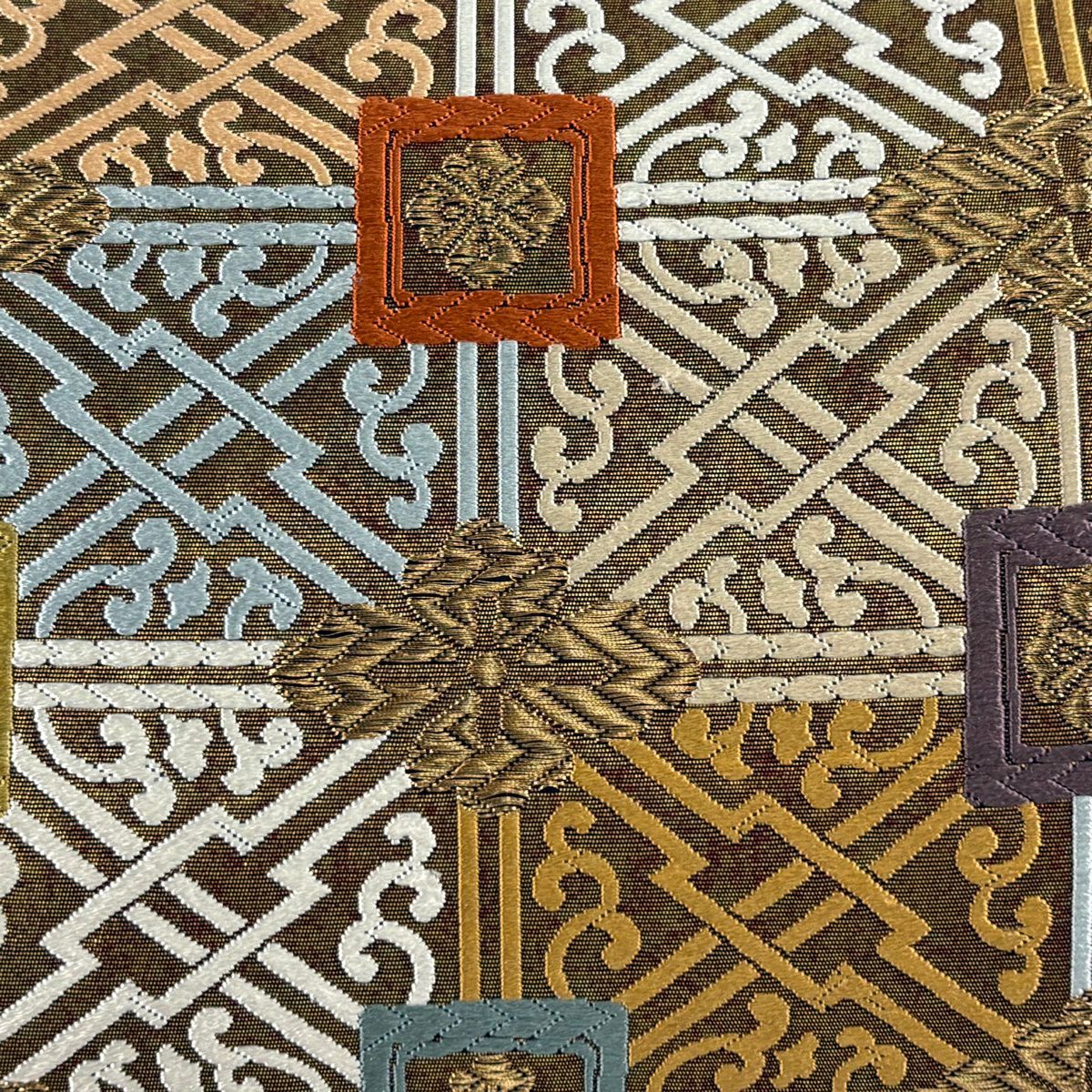 袋帶 秀品級 幾何學 花菱 刺繡 金絲 金 六通 純蠶絲
