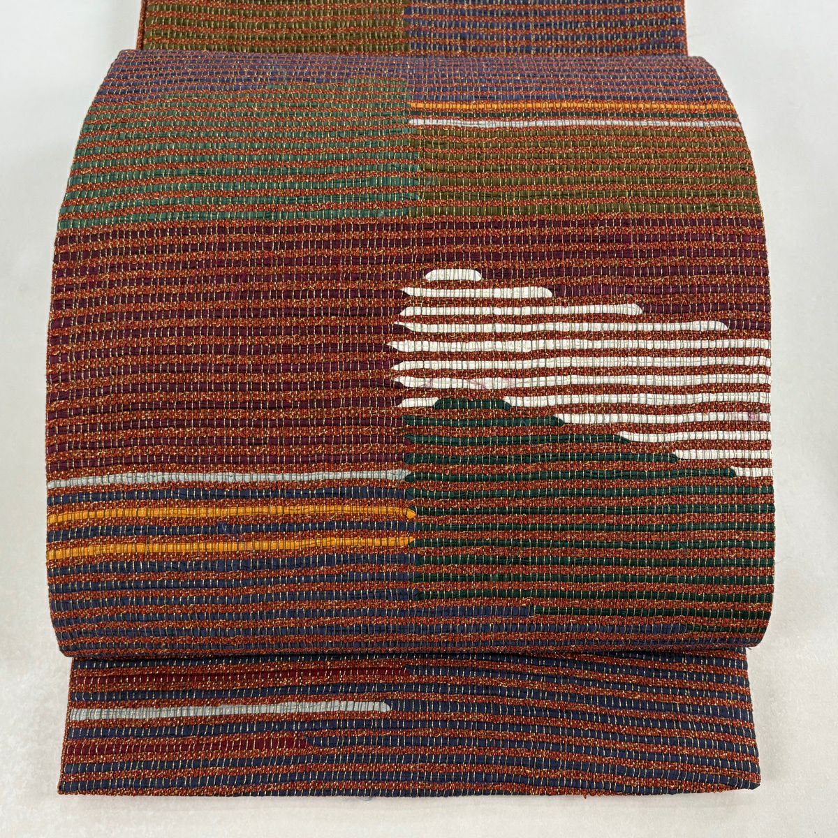 【美品】 袋帶 秀品級 條紋 幾何學 金絲 紅茶 六通 純蠶絲
