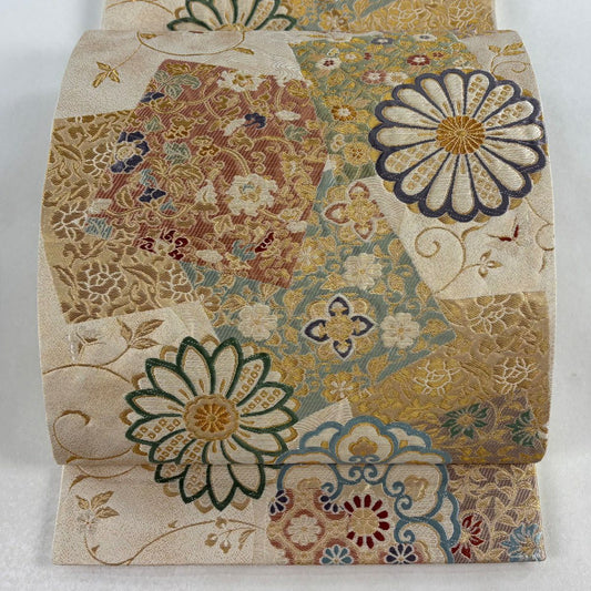 袋帶 秀品級 色紙 菊花 金絲 金金箔 米色 六通 純蠶絲