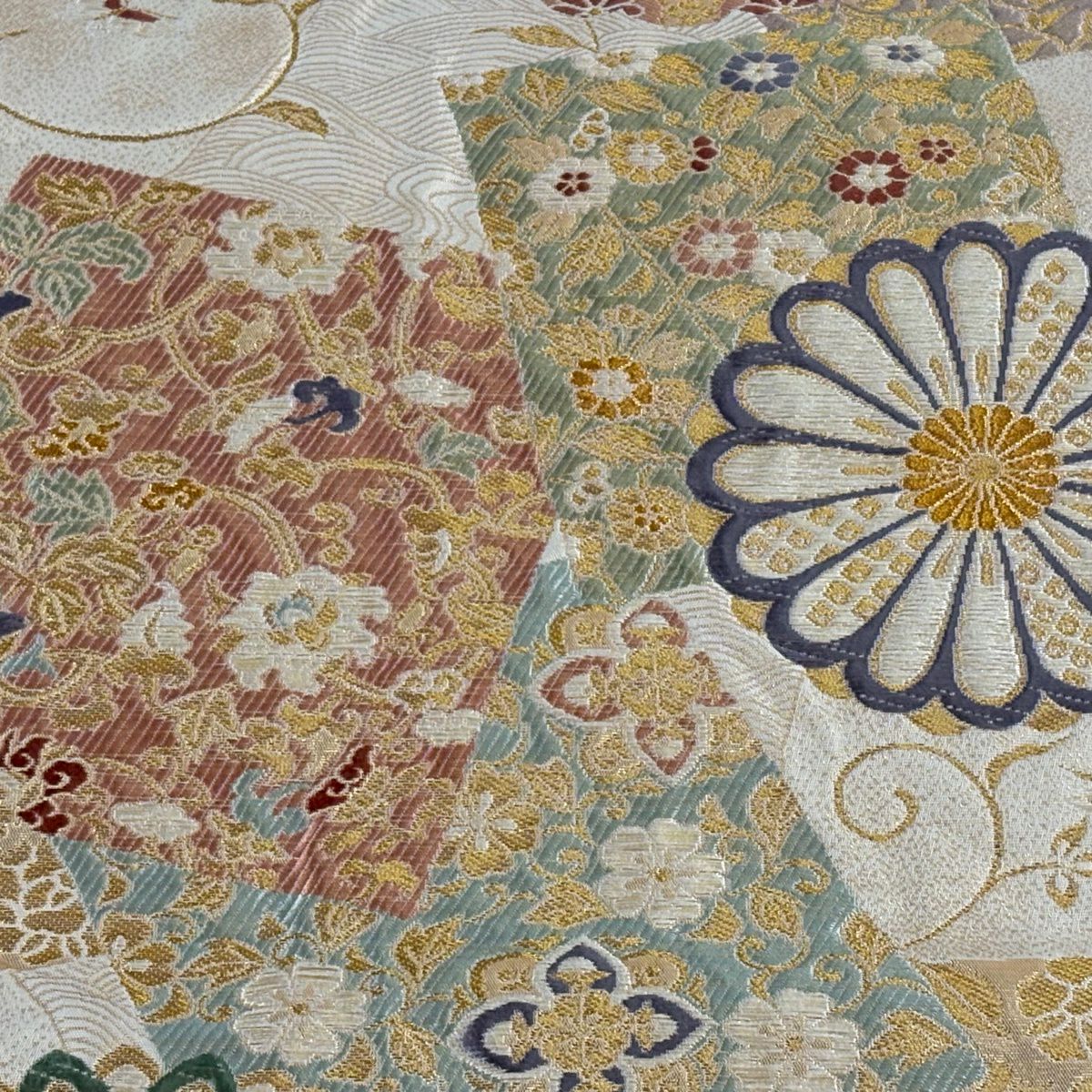 袋帶 秀品級 色紙 菊花 金絲 金金箔 米色 六通 純蠶絲