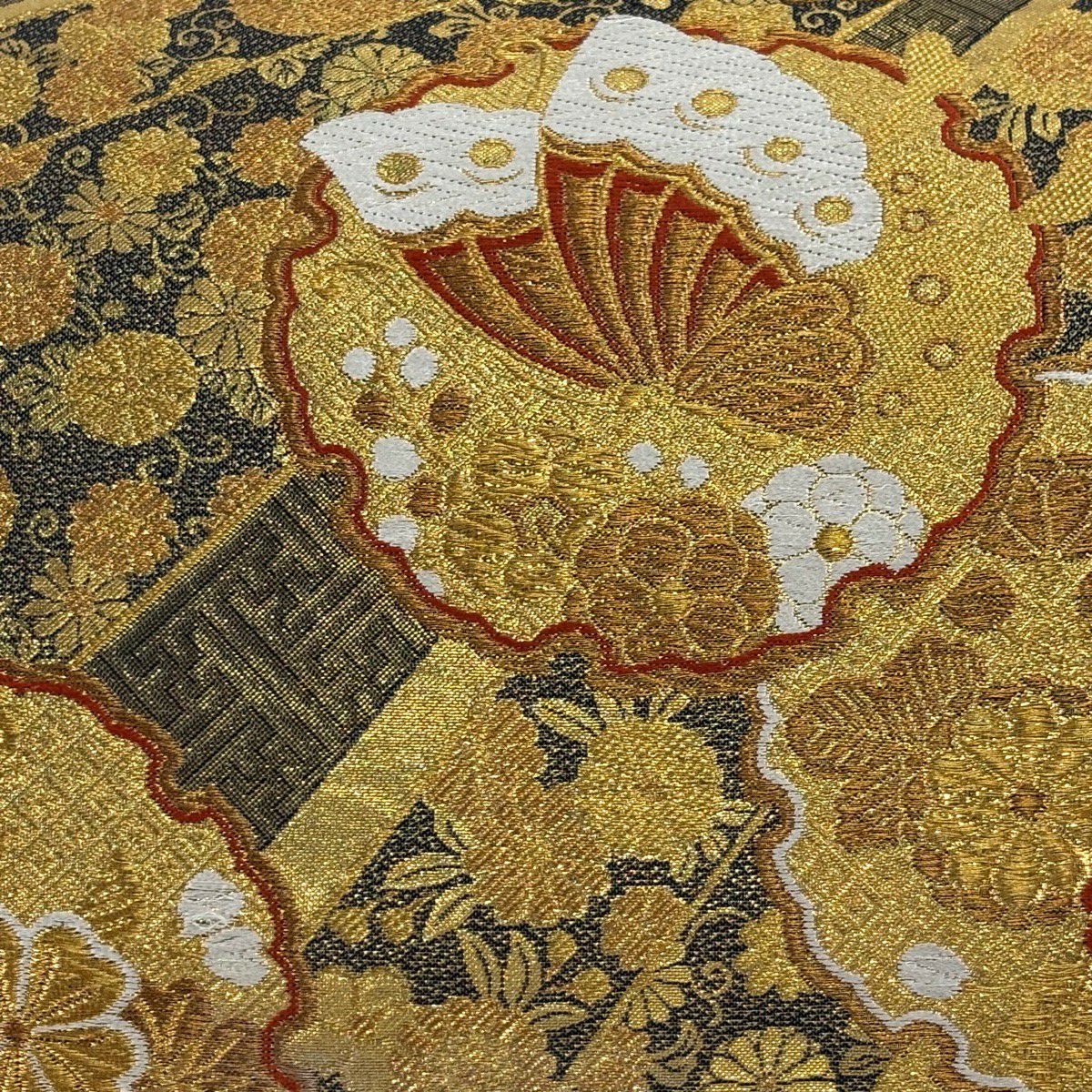 【美品】 袋帶 秀品級 雪輪 蝶 金絲 金金箔 金 六通 純蠶絲